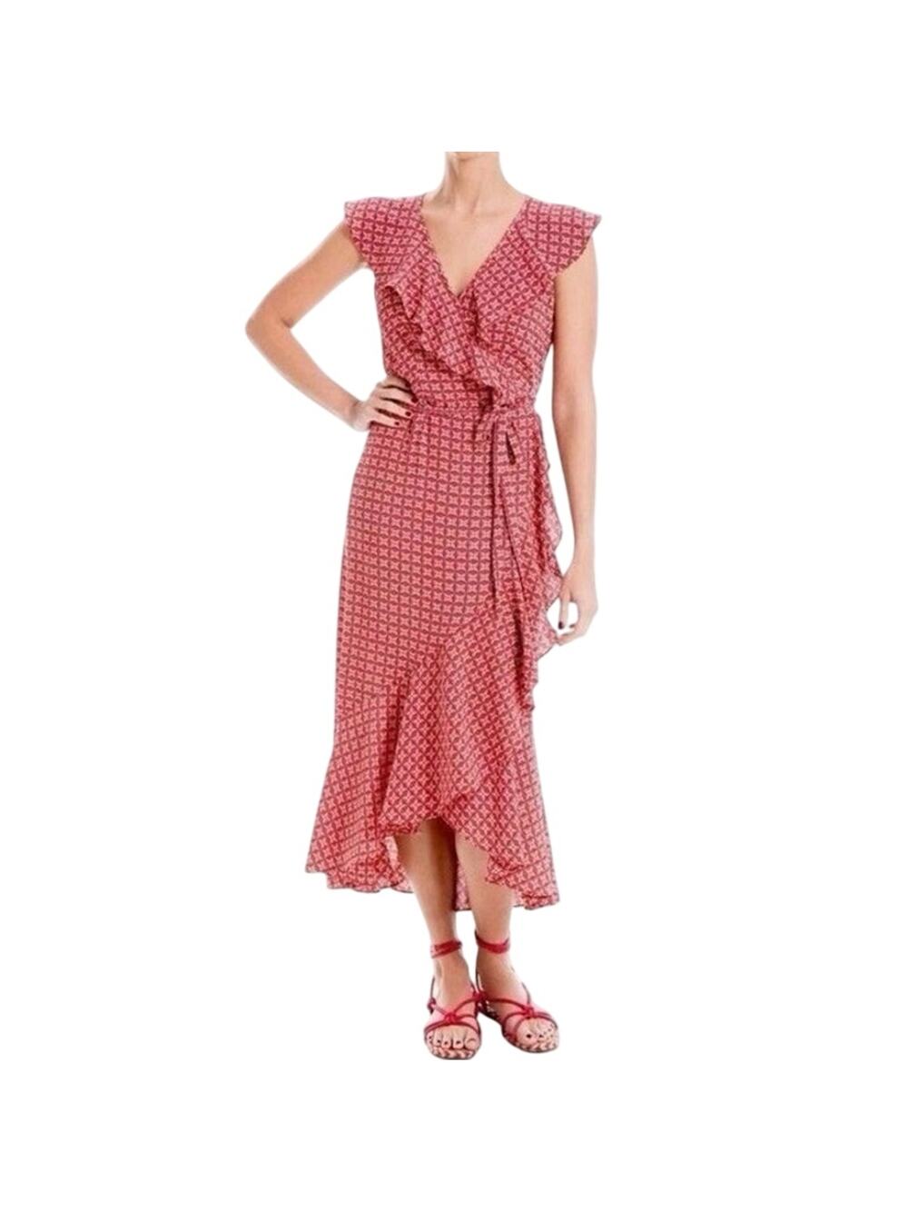 Max Studio Faux Wrap Dress Red White Geometric Ruffle Midi Maxi Short Sleeve M